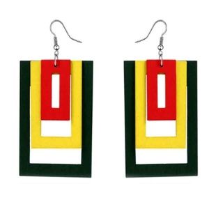 Big Hollow Geometric Wooden Earrings Red Yellow